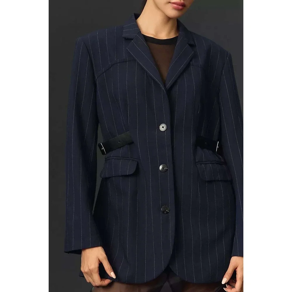 Maeve by Anthropologie Avery Belted Blazer Navy Pinstripe Women's Large NEW